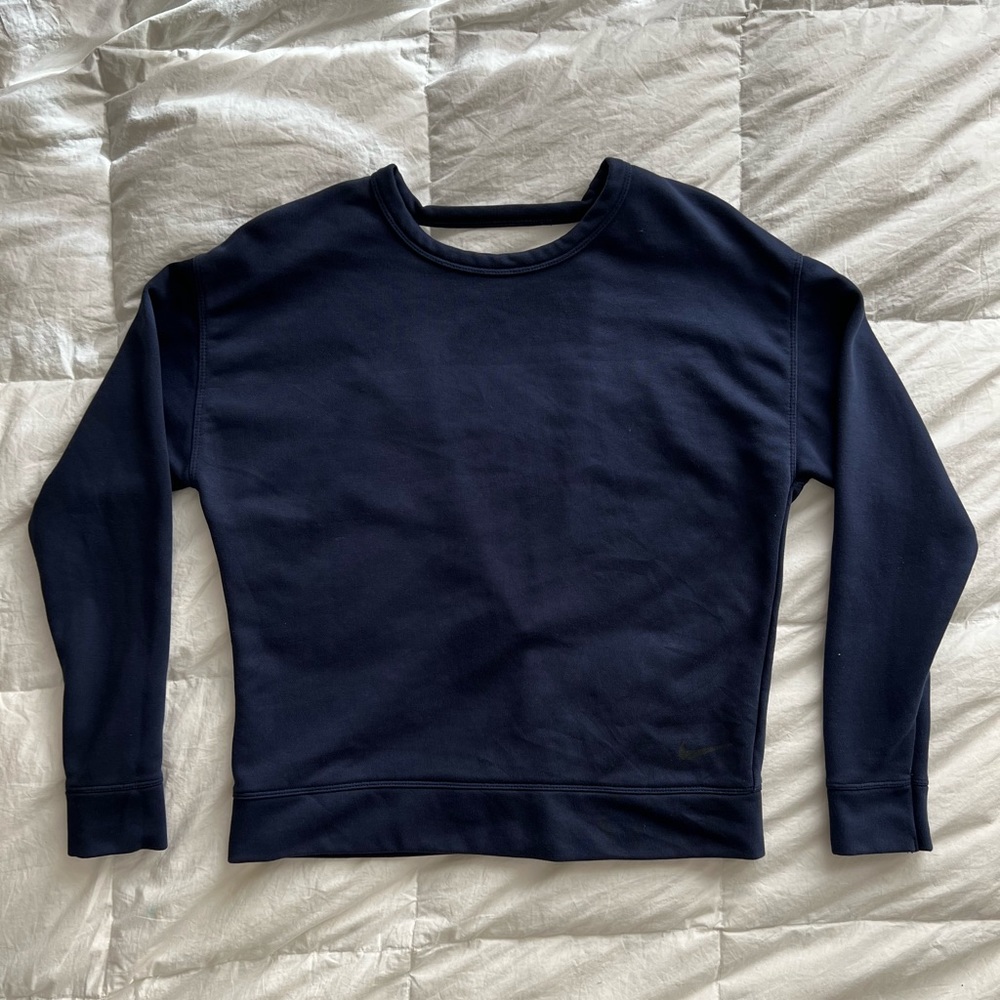 Nike, loose fit casual V open back sweater. Size S. Color: navy blue.